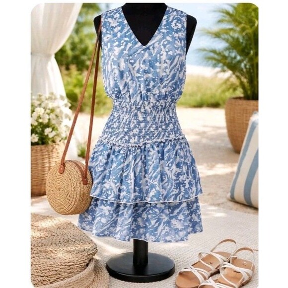 Dresses & Skirts - Entro Blue White Ethereal Smocked Waist Tiered Ruffled Mini Dress Sz L Romantic